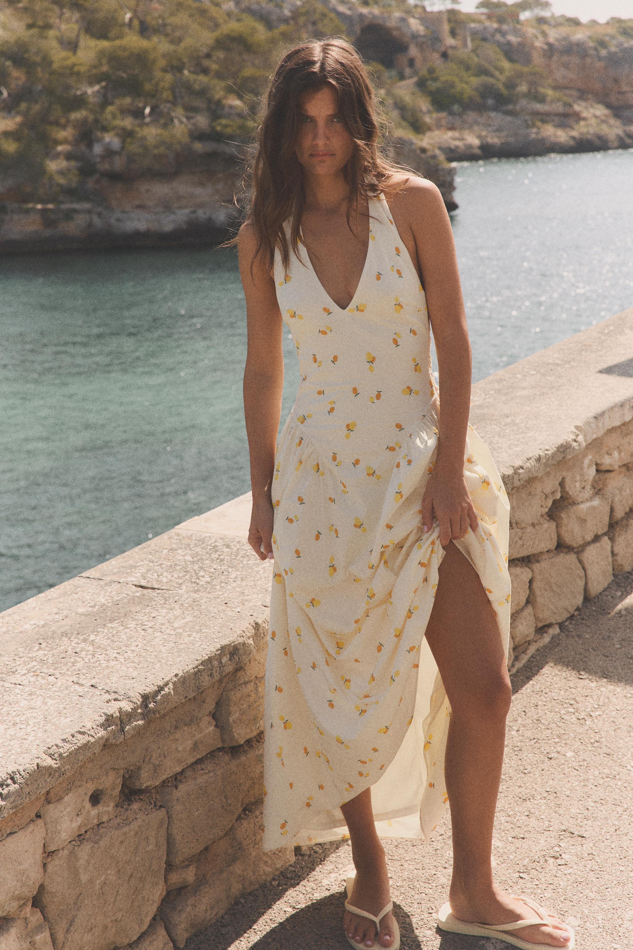 FLORAL POPLIN HALTER MIDI DRESS
